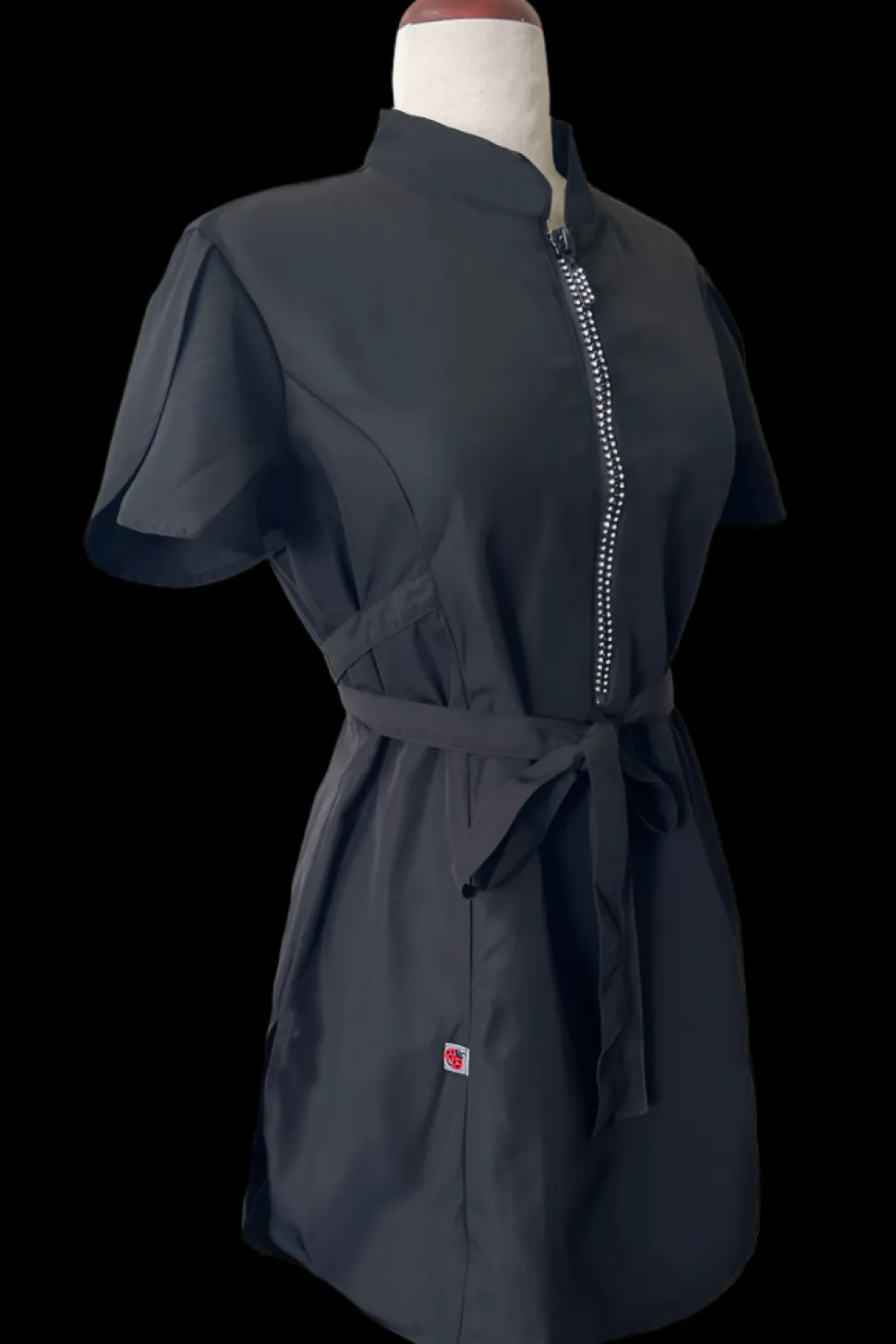 Classic Black Rhinestone Half Zipper Front Stylish Scrub Tunic by Ladybird Line