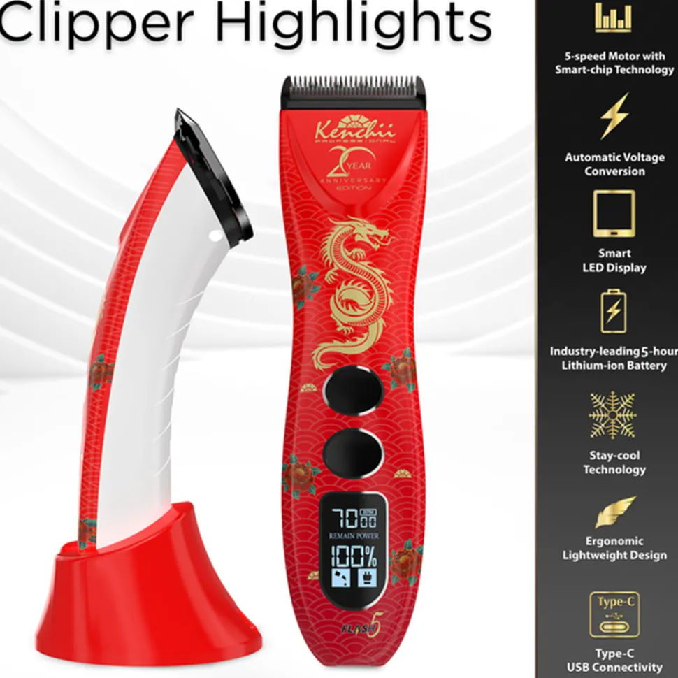 Flash5 5-in-1 Digital Cordless Clipper Red with Comb Set and Detailer Blade by Kenchii