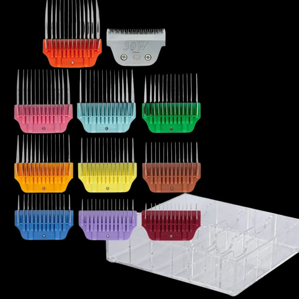 Wide Colored Combs Set of 10 and 30W Blade With Clear Holder by PetStore.Direct